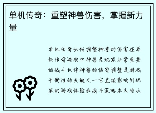 单机传奇：重塑神兽伤害，掌握新力量