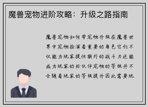 魔兽宠物进阶攻略：升级之路指南